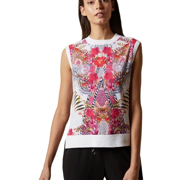 Ted Baker White & Pink Floral Sleeveless Top Womens Size 3 Silk/cotton